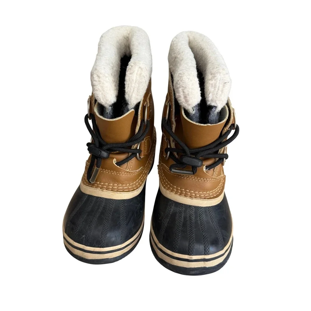 Sorel Yoot Pac Nylon Waterproof Snow Boots Tan Black Kid Sz 13 Winter Excellent